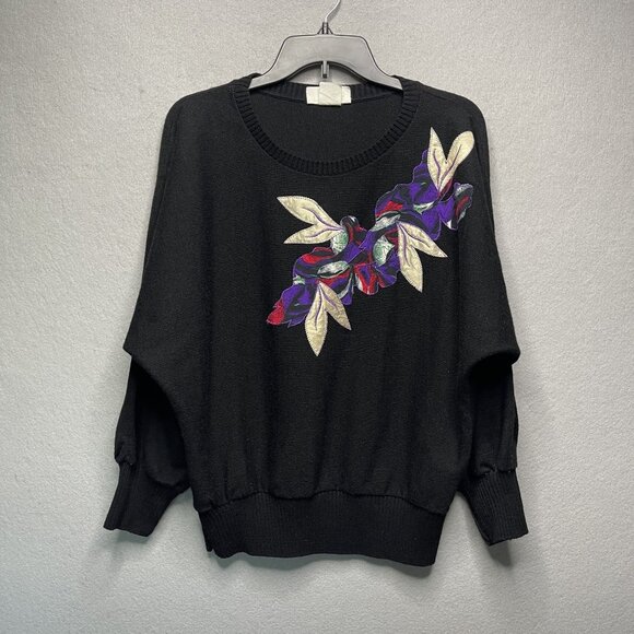 Taji Of Paris Sweaters - Taji Of Paris Vintage Black Sweater L Bold Embroidered Floral Leaf Lightweight